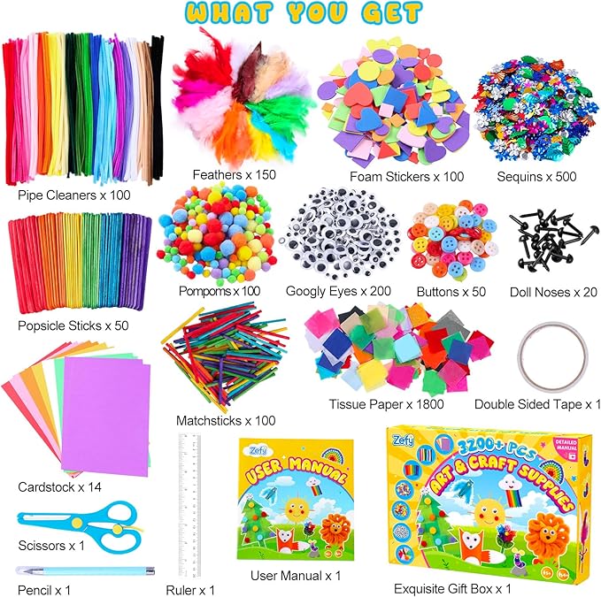 Zefy 3200+ Pcs Arts and Crafts Supplies for Kids, All in One Craft Kits with 12 Crafts Design, DIY School Supplies Kit Craft Box Christmas Gifts for Girls Boys Ages 4-12