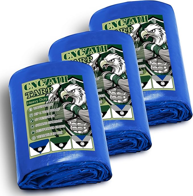 Tarp Heavy Duty Waterproof 2.8x3 Feet 3 Pack, 10 Mil Thick Blue Poly Tarps Outdoor, Metal Grommets, Reinforced Edges, Multipurpose Tarpaulin Protective Cover for Camping, Boat, Swimming Pools,