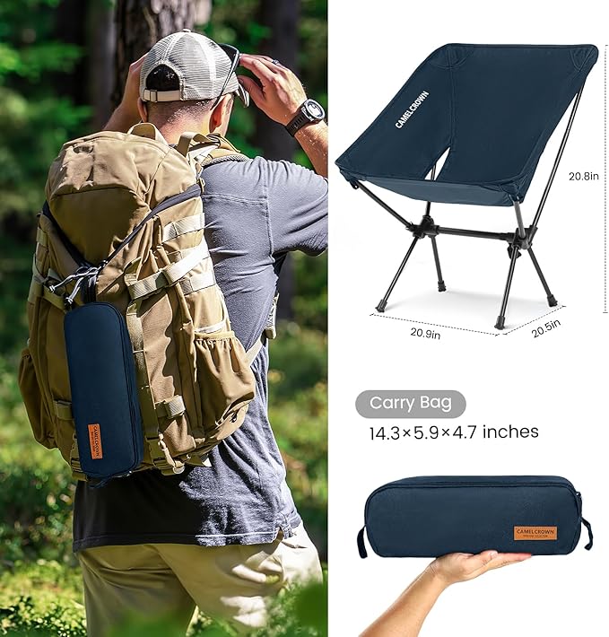 CAMEL CROWN Portable Camping Chair Folding Compact Lawn Lightweight Backpacking Chair with Carry Bag for Outdoor Hiking Beach Travel Picnic Festival Navy Blue