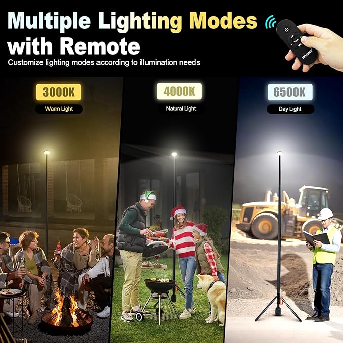 SYLSTAR 360° Rechargeable Work Light with Remote &Telescopic Stand (8.4Ft), 3000LM Ultra Bright 3CCT Dimmable, 6000mAh Battery, Portable Camping Light for Jobsite Workshop Sports Emergencies
