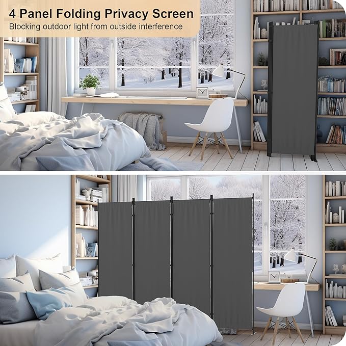 Privacy Screen Room Divider as Dressing Screen 4 Panel Wall Room Divider with 3 Wider Feet Portable Wall 6FT Partition Wall for Office Dining Room Children's Separate Rooms,Grey