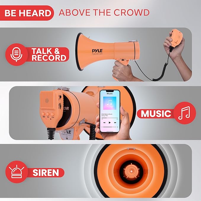 Pyle 50W Megaphone Bullhorn - Portable, Automatic Siren & Adjustable Volume, Projection Range Up to 1200 Square Yards, Aux Input, Talk, Siren, Music, Whistle, & Record, Shoulder Strap (Black)