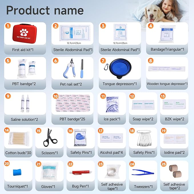 First Aid Kit for Dogs and Cats - 25 Piece Pet Emergency Kit for Travel, Home & Outdoor Use with Foldable Carry Case, Medical Supplies for Wound Care, Safety & Survival