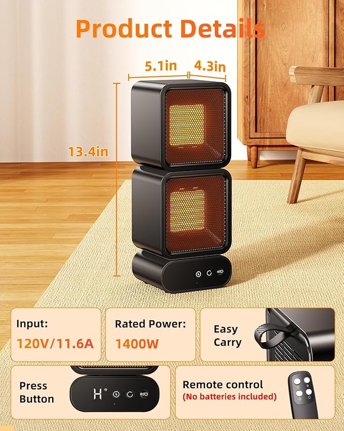 Portable Dual-Head Space Heater, 270° Manual Rotation, Auto Oscillation 45°/90°/120°, Energy Efficient Desktop Heater with Remote, 3 Modes, 5 Timer for Indoor Office Home Bedroom Use