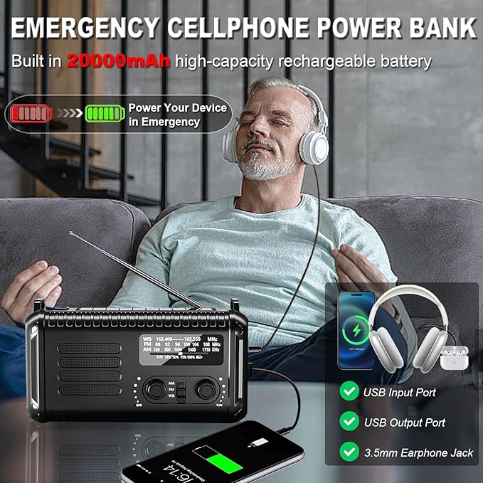 20000mAh/ 74000mWh Hand Crank Emergency Radio, AM/FM/NOAA Weather Radio, Battery Powered Solar Radio with USB Phone Charger, Reading Lamp Flashlight & SOS for Emergency (Black)