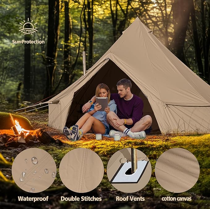 Cotton Canvas Bell Tent, Waterproof Large Tents with Sturdy Center & Door Pole and Space for 4/6/8 Person All 4 Season Camping Yurt Tent