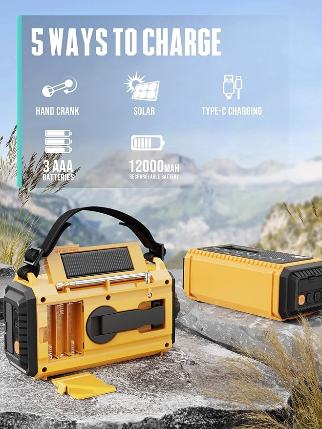 12000mAh/44400mWh Emergency Radio- NOAA Weather Alert Radio with Auto-Scan & SOS Alarm, Solar Hand Crank 6-Way Power, Flashlight, Reading Lamp for Outdoor, Hiking, Emergencies