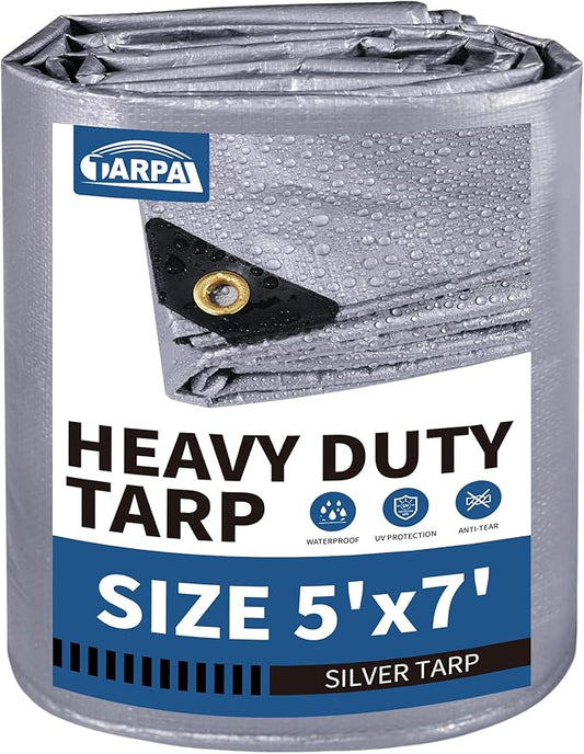 TARPAL 5x7 tarp,Heavy Duty Tarp 14mil Silver Reflective Tarps Waterproof with Grommets and Reinforced Edges UV Protection,Tear Resistant for Firewood,RV,Boat,Roof,Car,Camping