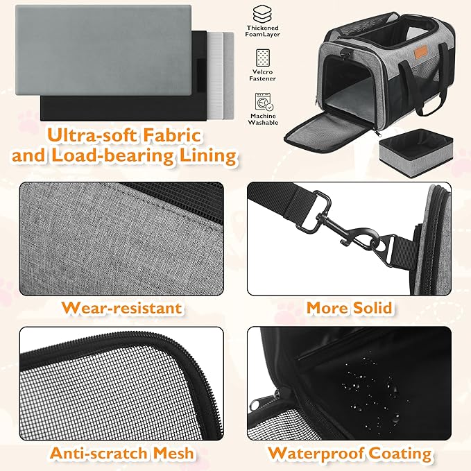 PETUX Cat Travel Carrier with Litter Box - 17"x11"x9.5", TSA Airline Approved, Underseat, Soft Sided Pet Carrier for Small Cats Under 12 lb with Safety Zipper, Anti-Scratch Mesh - Grey