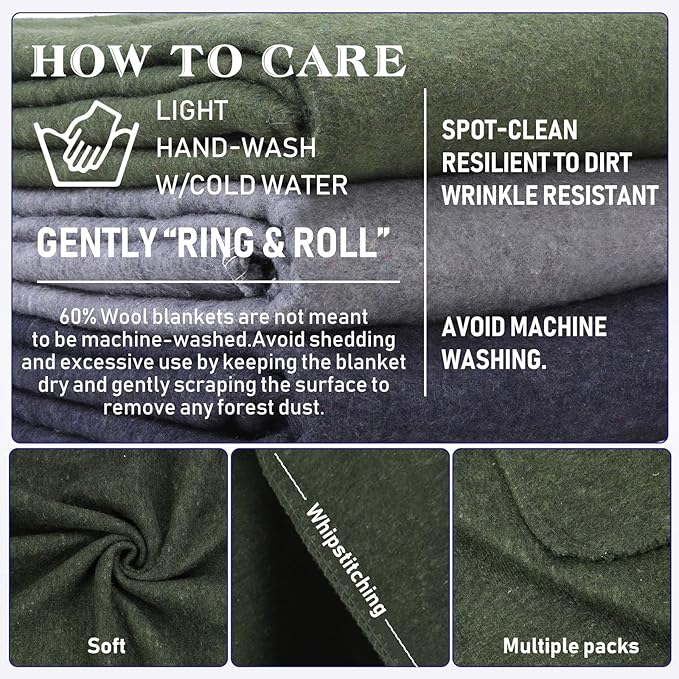 Preboun 3 Pieces Wool Camping Blanket Bulk 60" x 80" Military Wool First Aid Fire Retardant Blanket Queen for Outdoors Camping Stadium Picnics Travel Car Survival Kits(Olive Green)