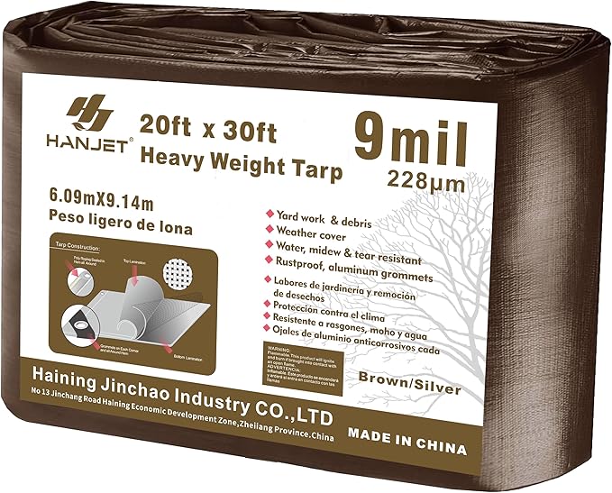 Outdoor Tarp Heavy Duty 9 Mil Multi-Purpose Waterproof Reinforced Rip-Stop Tarps with Grommets - 20 x 30 Feet, Brown Sliver