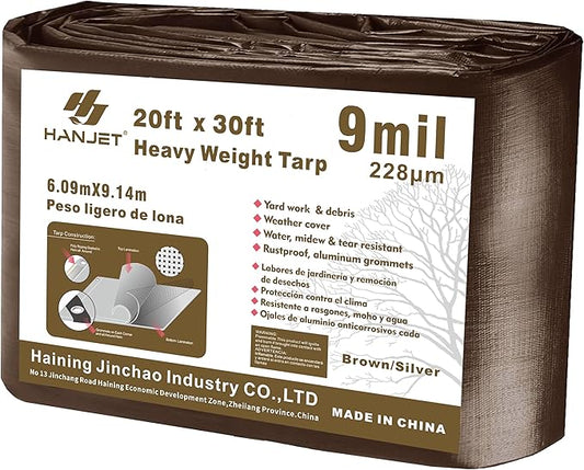 Outdoor Tarp Heavy Duty 9 Mil Multi-Purpose Waterproof Reinforced Rip-Stop Tarps with Grommets - 20 x 30 Feet, Brown Sliver