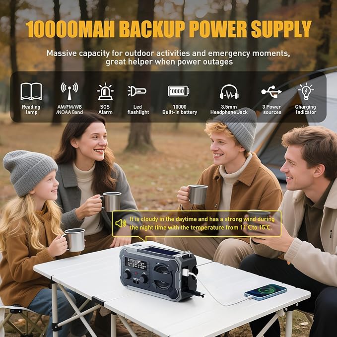 Hand Crank Emergency Radio, 10000mAh Weather Radio with AM/FM/NOAA, Solar Prower, SOS Alarm, Phone Charging, LED Flashlight, Portable Survival Gear for Outdoor & Home Emergencies Kits, Grey