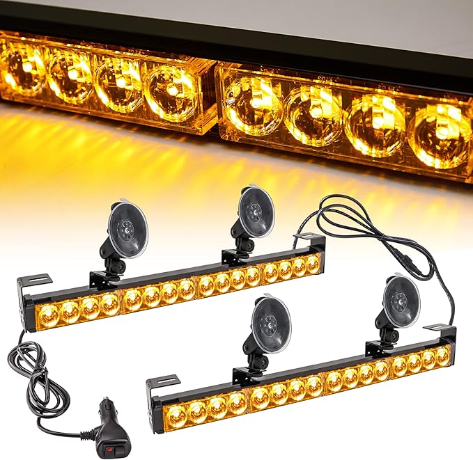 LE-JX Amber 2 in 1 Emergency Strobe Light Bar 21 Flash Patterns Yellow Traffic Advisor Warning Hazard Windshield Safety Lights Bar with Cigar Lighter for Police Vehicles, Truck (2×16.8 inch, 32 Led)