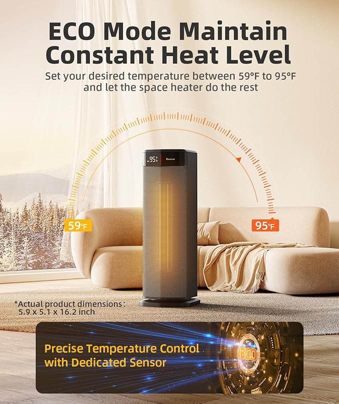 BREEZOME Space Heater for Indoor Use, 1500W Fast Heating Electric Heater with Thermostat & 24H Timer, 90°Oscillating PTC Ceramic Heater, Portable Room Heaters for Home Bedroom Office, Dark Grey
