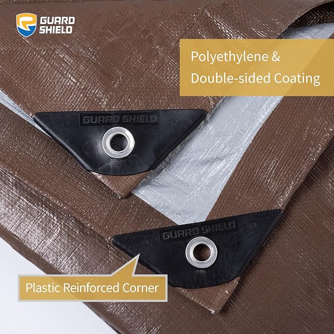 GUARD SHIELD Tarps Heavy Duty Waterproof 8x10 Feet Brown/Bright Silver Poly Tarp Cover Outdoor Thick UV Resistant Tarpaulin with Grommets 10mil
