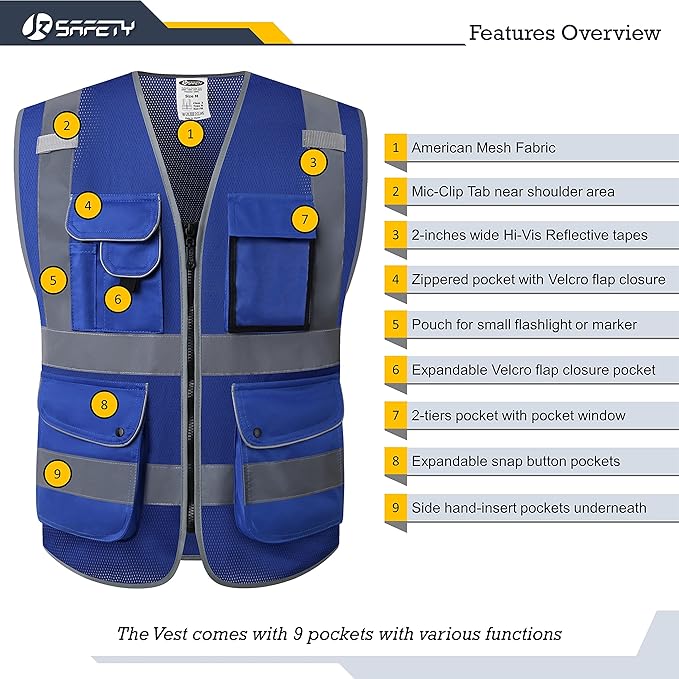 JKSafety 9 Pockets High Visibility Safety Vest for Men and Women, Hi-Vis Reflective Blue Safety Vests with Zipper Front, Meet ANSI/ISEA Standards (159-Blue 3XL)