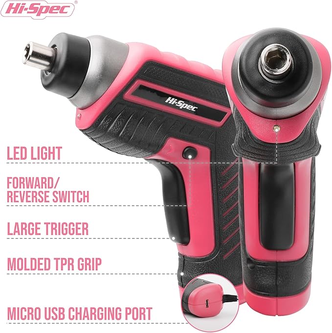 Hi-Spec 35-Piece Tool Kit with 3.6V USB Small Electric Screwdiver Set, Pink Drill Set for Women, Tool Kit for Home
