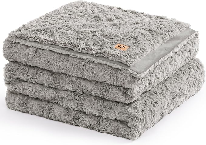 UGG Faux Fur Full/Queen Blanket, Double-Sided Fluffy Blanket, Cozy Oversized Throw for Couch, Washable Bedding for Full or Queen Bed, Luxury Home Decor, 90" x 90", Seal Grey (Adalee)