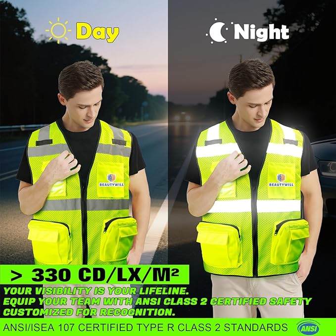 BeautyWill 10 Pack Custom Logo Safety Vest ANSI Class 2 High Visibility Reflective Vest Personalized Construction Vest Bulk