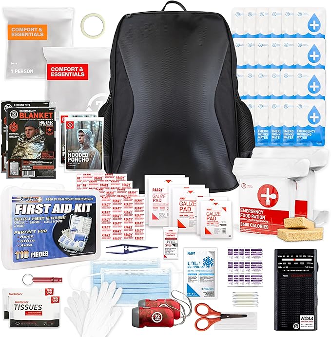 Earthquake Kit - 72 HRS Essential Emergency Survival Kit, Heavy Duty 72 Hour Bug Out Bag Survival Kit for Earthquake, Hurricane, Tsunami - Include Emergency First Aid Kit, Water, Food (Black 2P)
