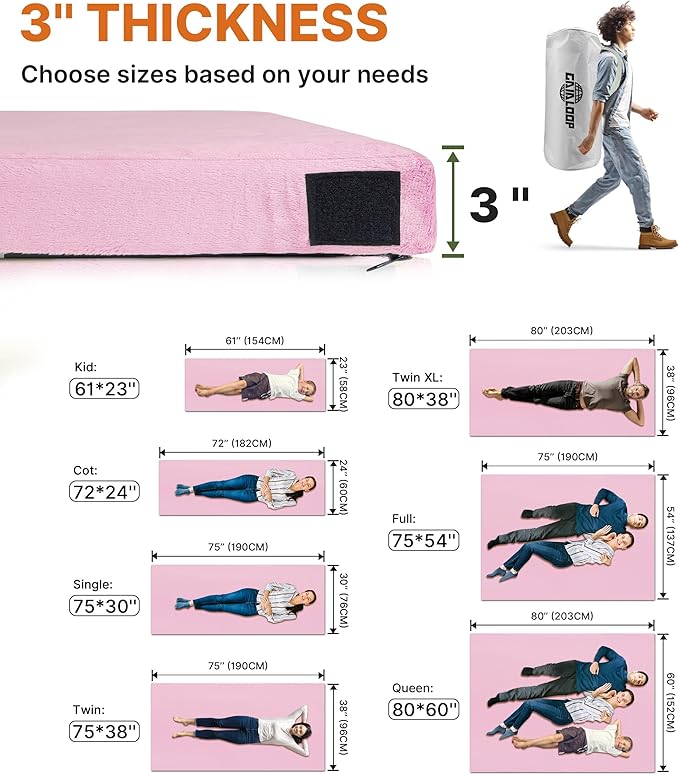 3 Inch Memory Foam Camping Mattress, Dual Layer Thick Sleeping Camp Pad for Car Tent Cot, Roll-Up Portable Glamping Floor Bed for Guests Sleepover