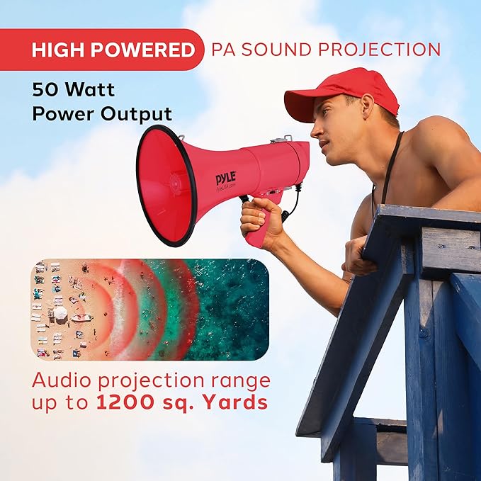 Pyle 50W Megaphone Bullhorn - Portable, Automatic Siren & Adjustable Volume, Projection Range Up to 1200 Square Yards, Aux Input, Talk, Siren, Music, Whistle, & Record, Shoulder Strap (Black)
