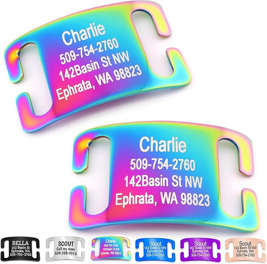 GoTags Slide-On Pet ID Tags, Curved Personalized Dog and Cat, Silent, No Noise Stainless Steel, Custom Engraved in 4 Sizes for Large and Small Pets, Rainbow