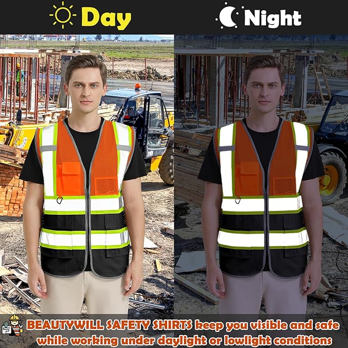 BeautyWill 10 Pack Custom Logo Safety Vest ANSI Class 2 High Visibility Reflective Vest Personalized Construction Vest Bulk