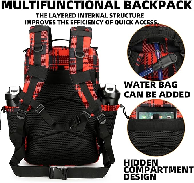 25L Tactical Backpack for Men and Women Military Backpack Small Assault Pack Molle Backpack Bug Out Bag Travel Rucksack Daypack (Red Plaid)
