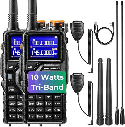 BAOFENG K5PLUS 10W Tri-Band Ham Radio Handheld, Long Range Walkie Talkies UHF VHF 1.25M Two Way Radio with FM Airband NOAA, 2500mAh Battery + USB-C Port, Speaker Mic, 999CH, Scramble, 2Packs