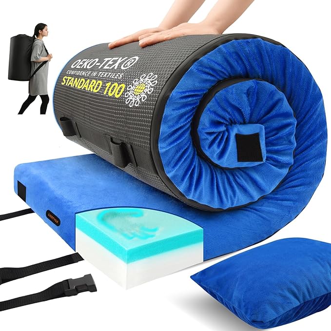 Memory Foam Camping Mattress pad, Comfortable Thick Floor Sleeping Mat for Adults with Waterproof and Non-Slip Bottom, Portable Roll Up Mattress for Sleepover Guest,Cot Mad for Car Camping