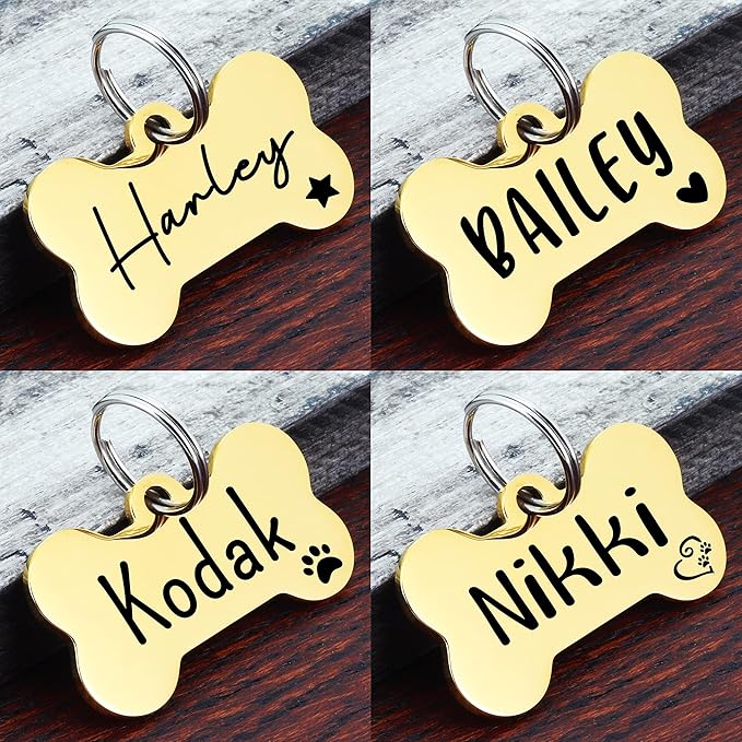 Ultra Joys Personalized Dog Tags for Pets - Durable Stainless Steel Customizable Dog Cat ID Tags - Dog Tags for Safety Optional Engraved on Both Sides -Bone Shape Dog Tag Small Size, Gold