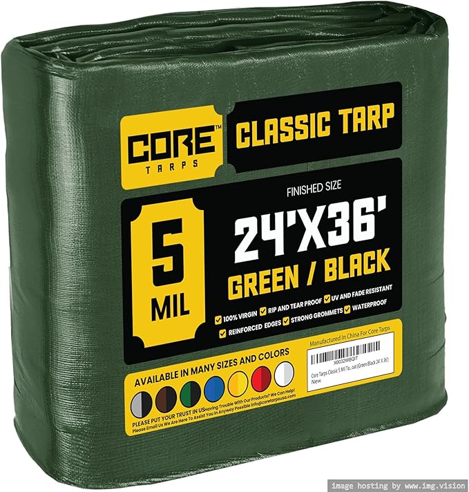 Core Tarps Classic 5 Mil Tarp Cover, Waterproof, UV Resistant, Rip and Tear Proof, Poly Tarpaulin with Reinforced Edges for Roof, Camping, Patio, Pool Cover, Boat (Green/Black 24′ X 36′)