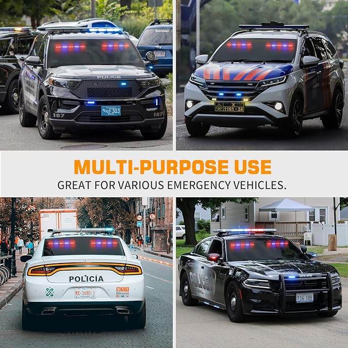 XRIDONSEN 2x 17 inch Emergency Dash Police Lights 40 LED Red Blue Police Light Bar Interior Front/Rear Windshield Strobe Lights Safety Warning Hazard Caution w/Suction Cups for Vehicles Trucks Car