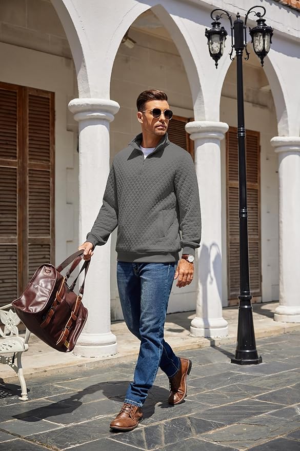 COOFANDY Mens Quarter Zip Pullover Quilted Sweatshirt Knit Long Sleeve Mock Neck Sweater Polo with Pocket