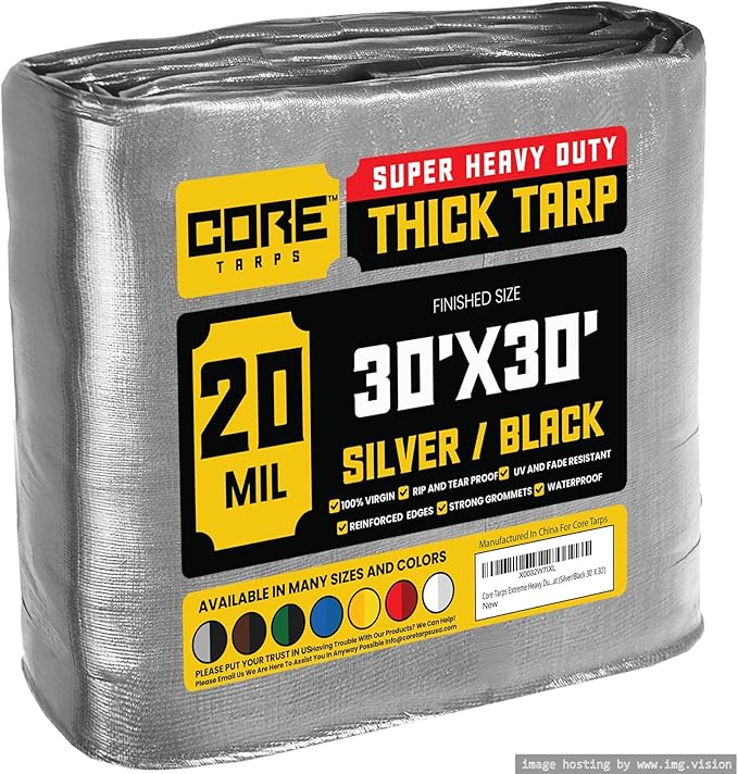 Core Tarps Extreme Heavy Duty 20 Mil Tarp Cover, Waterproof, UV Resistant, Rip and Tear Proof, Poly Tarpaulin with Reinforced Edges for Roof, Camping, Patio, Pool, Boat (Silver/Black 30′ X 30′)