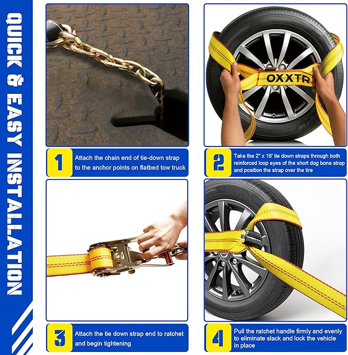 2" x 16' Replacement Tie Down Straps with Chain Tail,4-Pack,Heavy-Duty Car Trailer Straps for 8-Point Tie Down Kits – Extension Strap for Vehicle Transport, Flatbeds & Trailers