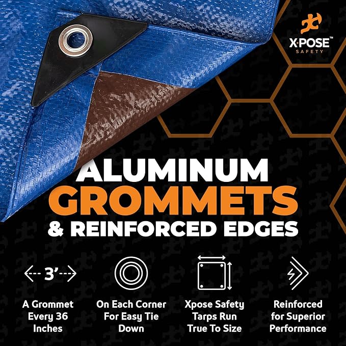 Xpose Safety 12’ x 16’ Heavy Blue/Brown Tarp - Waterproof - 7 Mil Weatherproof Camping Tarp for Tent, Rain, Wind & Sun - Plastic Tarpaulin Cover Outdoor for Roof, Trailer, RV, Car, Boat