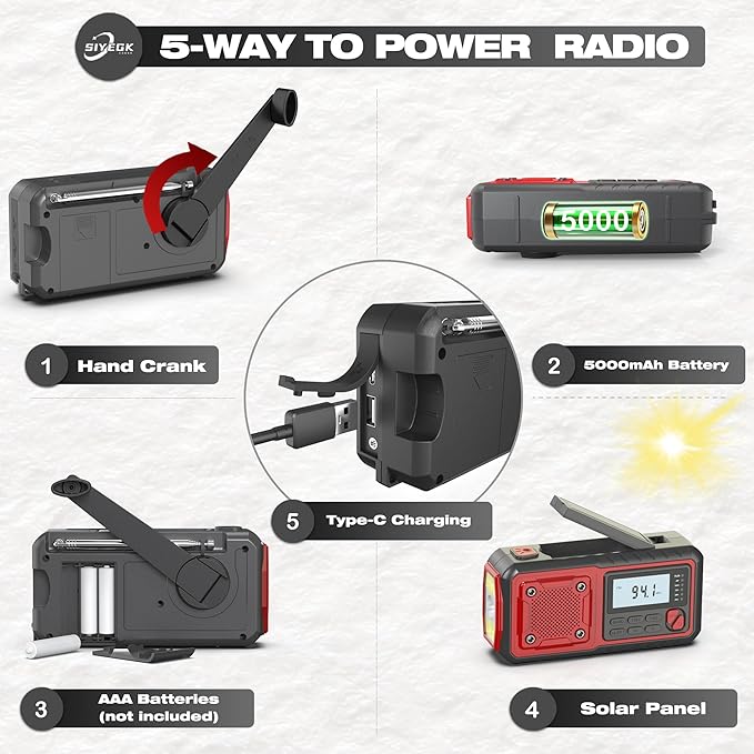 Crank Emergency Radio 5000mAh, Weather Radio, Solar Radios Battery Operated, NOAA/AM/FM Weather Alert Radios with Power Phone Charger, SOS Alarm, Flashlight & Reading Lamp Indoor Outdoor (red)