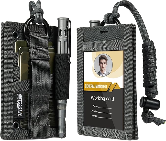 OneTigris Tactical ID Card Holder Hook & Loop Patch Badge Holder Neck Lanyard Key Ring and Credit Card Organizer (Shadow Gray-500D Codura)