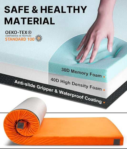 3 Inch Memory Foam Camping Mattress, Dual Layer Thick Sleeping Camp Pad for Car Tent Cot, Roll-Up Portable Glamping Floor Bed for Guests Sleepover