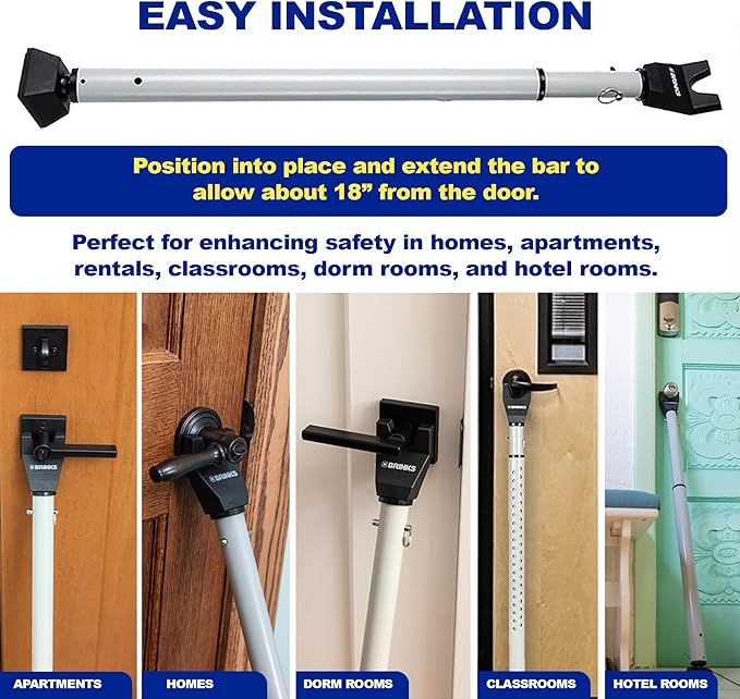 BRINKS Door Security Bar - Adjustable Brinks Door Security Bar for Travel, School, Dorm and Home - Door Jammer for Hinged Doors and Sliding Door Security – Silver