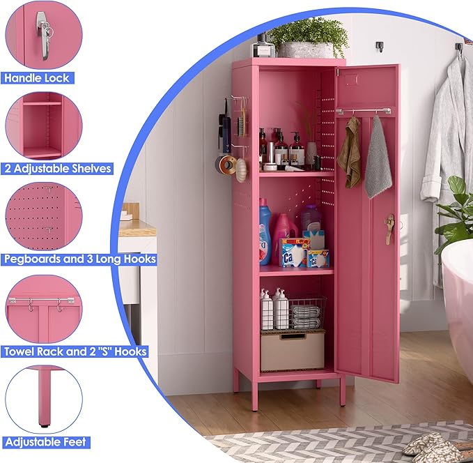 Lockable Metal Lockers with Handle and Keys,Metal Storage Locker with 2 Pegboard & 5 Hooks for Home,Office,School,Pink,Required Assembly