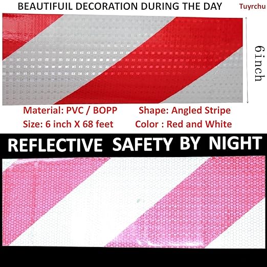 Reflective Tape Red White 6 Inch x 68 Feet, Outdoor Waterproof Warning Stickers, Conspicuity Industrial Marking Tape