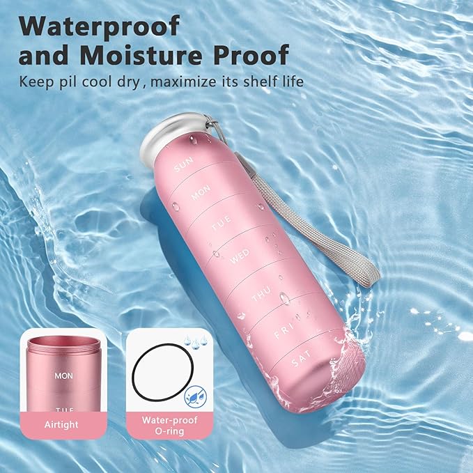 Weekly Pill Organizer, Portable Travel 7 Day, Waterproof Container, Large, Aluminum, Metal, Hold Vitamins, Cod Liver Oil, Supplements and Medications (Pink)