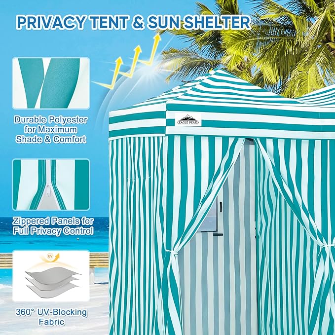 EAGLE PEAK Outdoor Changing Room 8x4, 2 Room Pop Up Portable Changing Room, Sun Shelter, Pop Up Changing Tent for Beach or Pool,Portable Dressing Room for Photoshoots (White/Light Blue)