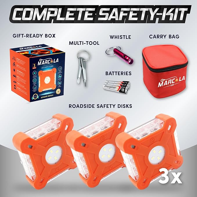 Marcala Emergency Lights for Vehicles | 3-Pack LED Road Flares | Flares Emergency Road | LED Emergency Flares Include Batteries, Case, Whistle & more | Stronger, Brighter & Better than round Flares!