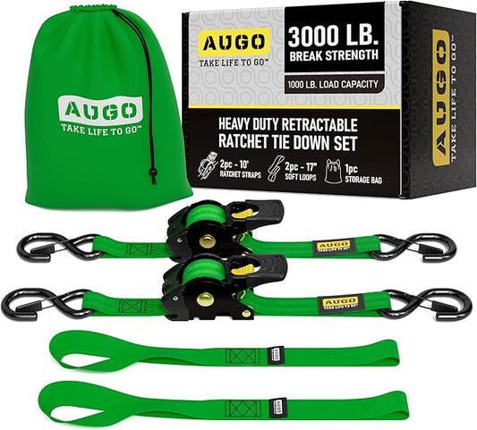 AUGO Retractable Ratchet Straps | 2 Heavy Duty Ratchet Straps Self Retractable Tie Downs with Soft Loops & Storage Bag for Motorcycle, Truck, Trailer, Cargo Van | 3000 Lb Break Strength 2” x 10’