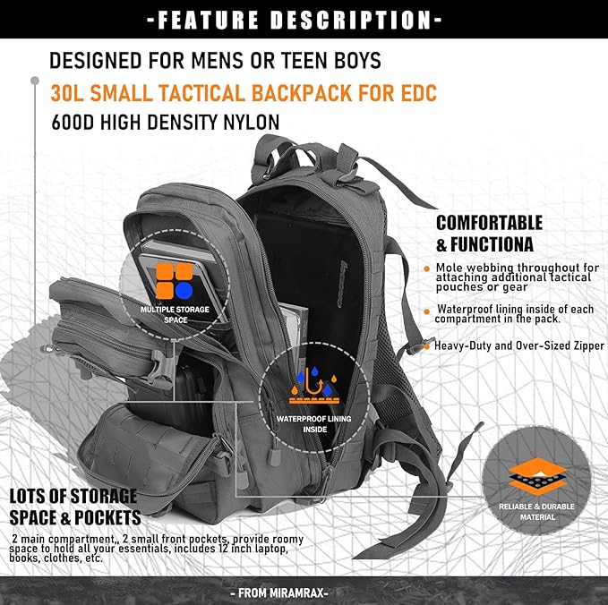 Small Tactical Backpack Military Daypack - 30L Backpack for Men Molle Assault Pack Bug Out Bag for Hiking Camping (Grey)